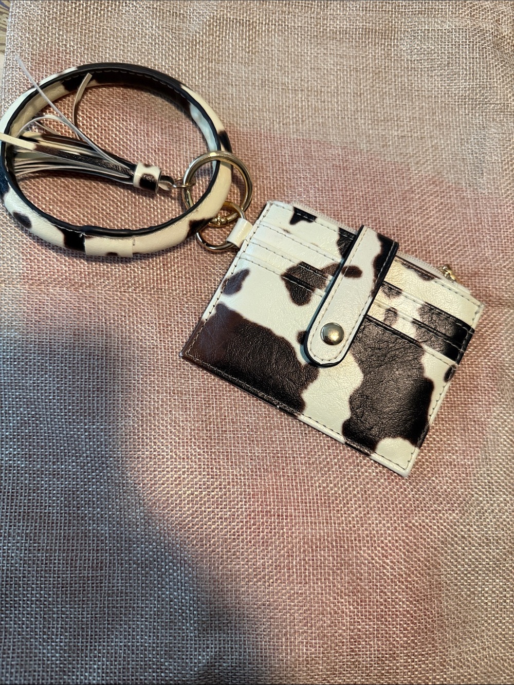 Cowhide Print Card Holder Keyring - White & Black